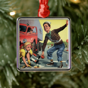 Vintage Safety Patrol Crossing Guard Helping Girl Metal Tree Decoration