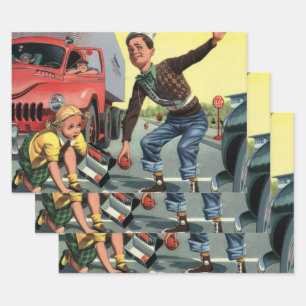 Vintage Safety Patrol Crossing Guard Helping Girl Wrapping Paper Sheet