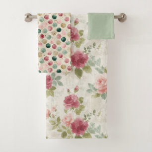 Vintage Sage and Pink Floral Watercolor Bath Towel Set