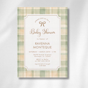 Vintage Sage Brown Plaid Gold Bow Baby Shower Invitation