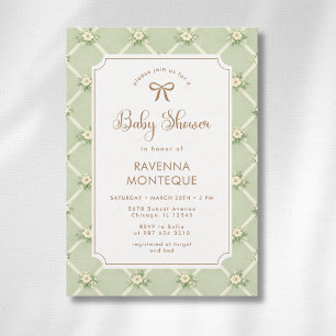 Vintage Sage Floral Diagonal Gold Bow Baby Shower Invitation