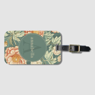 Vintage Sage Floral William Morris Monogram Luggage Tag