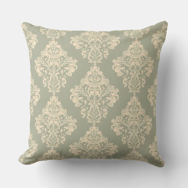 Vintage Sage Green and Cream Damask Pattern Cushion (Front)