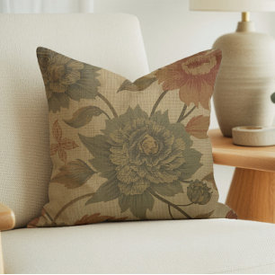 Vintage Sage Green and Orange Floral Cushion