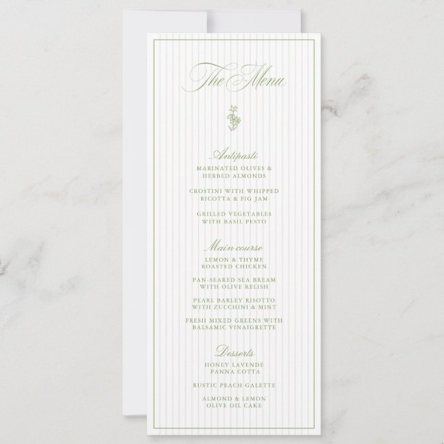 Vintage Sage Green & Beige Striped Wedding Menu Invitation (Front)