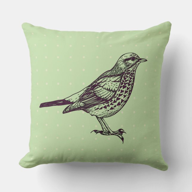 VINTAGE Sage Green BIRD DESIGN Retro Throw Pillow (Front)