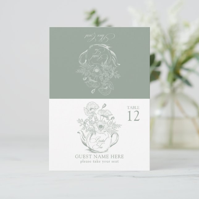 Vintage Sage Green Botanical Bridal Tea Place Card (Standing Front)