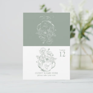 Vintage Sage Green Botanical Bridal Tea Place Card