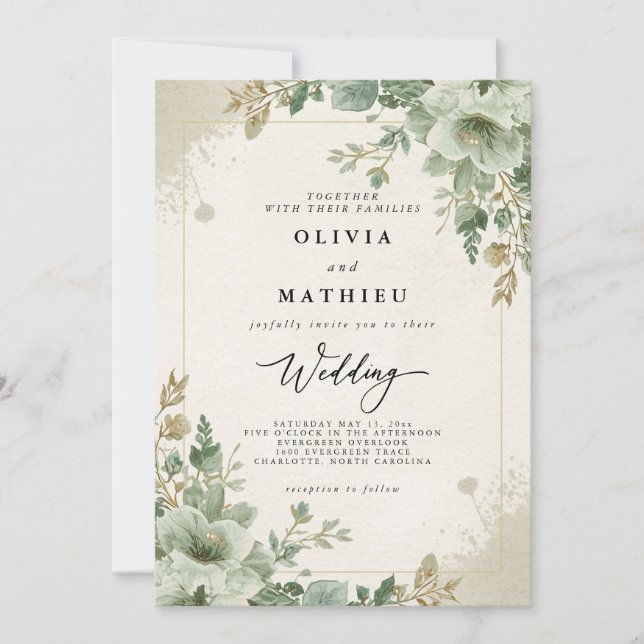 Vintage Sage Green Botanical Floral Wedding Invitation (Front)