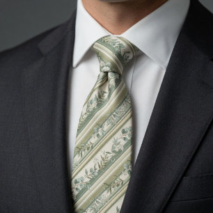 Vintage Sage Green Botanical Stripe Tie