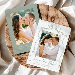 Vintage Sage Green Bow 2 Photo Wedding Save The Date