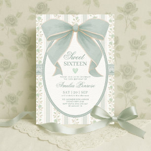 Vintage Sage Green Bow Sweet 16 Floral Birthday Invitation