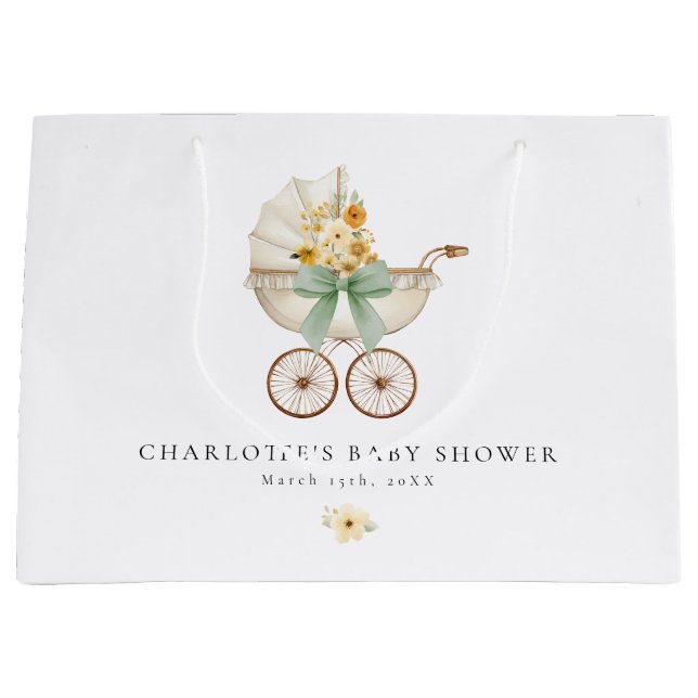 Vintage Sage Green Carriage Baby Shower Gift Bag (Front)
