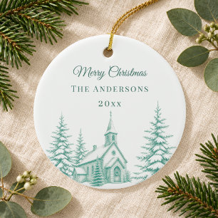 Vintage Sage Green Christmas Toile Church Winter Ceramic Ornament