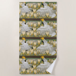 Vintage Sage Green Cockatoo Parrot Magnolia Art Beach Towel