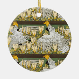 Vintage Sage Green Cockatoo Parrot Magnolia Art Ceramic Ornament