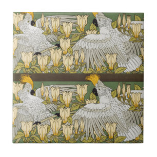Vintage Sage Green Cockatoo Parrot Magnolia Art Ceramic Tile