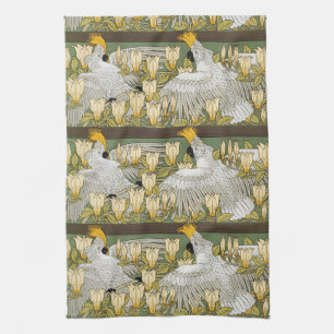 Vintage Sage Green Cockatoo Parrot Magnolia Art Tea Towel