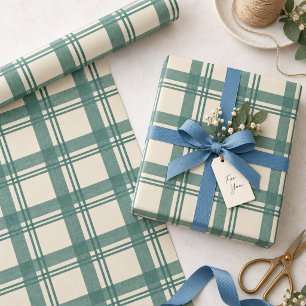 Vintage Sage Green Cream Tartan Plaid Christmas Wrapping Paper