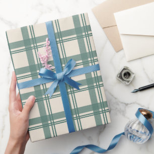 Vintage Sage Green Cream Tartan Plaid Christmas Wrapping Paper