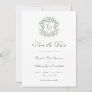 Vintage Sage Green Crest Monogram Wedding Photo Save The Date