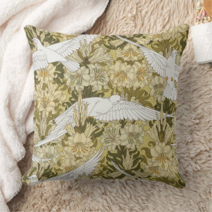 Vintage Sage Green Dove & Lily Floral Pattern Cushion
