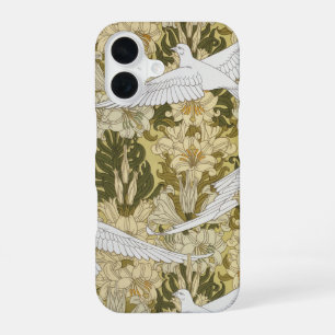 Vintage Sage Green Dove & Lily Floral Pattern iPhone 16 Case