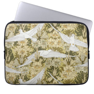 Vintage Sage Green Dove & Lily Floral Pattern Laptop Sleeve