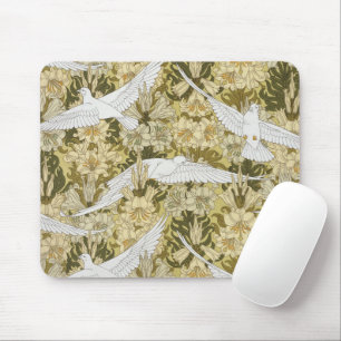 Vintage Sage Green Dove & Lily Floral Pattern Mouse Pad