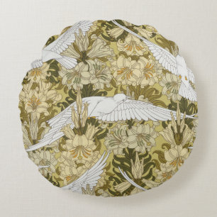 Vintage Sage Green Dove & Lily Floral Pattern Round Cushion
