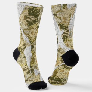 Vintage Sage Green Dove & Lily Floral Pattern Socks