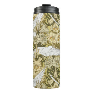 Vintage Sage Green Dove & Lily Floral Pattern Thermal Tumbler