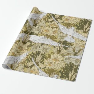 Vintage Sage Green Dove & Lily Floral Pattern Wrapping Paper