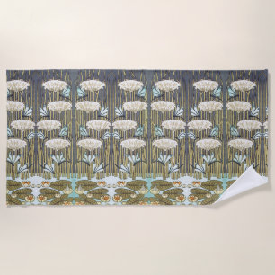 Vintage Sage Green Dragonfly & Lily Art Beach Towel