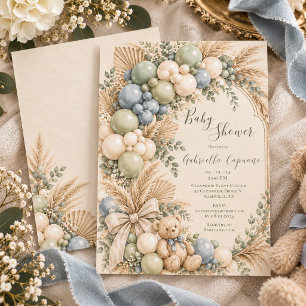 Vintage Sage Green Dusty Blue Balloon Baby Shower Invitation