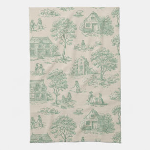 Vintage Sage Green Farmhouse Toile Landscape Tea Towel