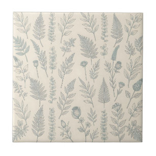 Vintage Sage Green Ferns Wildflowers Botanical Ceramic Tile