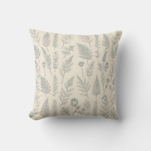 Vintage Sage Green Ferns Wildflowers Botanical Cushion