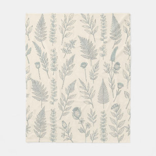 Vintage Sage Green Ferns Wildflowers Botanical Fleece Blanket
