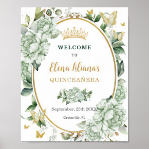 Vintage Sage Green Floral Butterflies Quinceañera  Poster