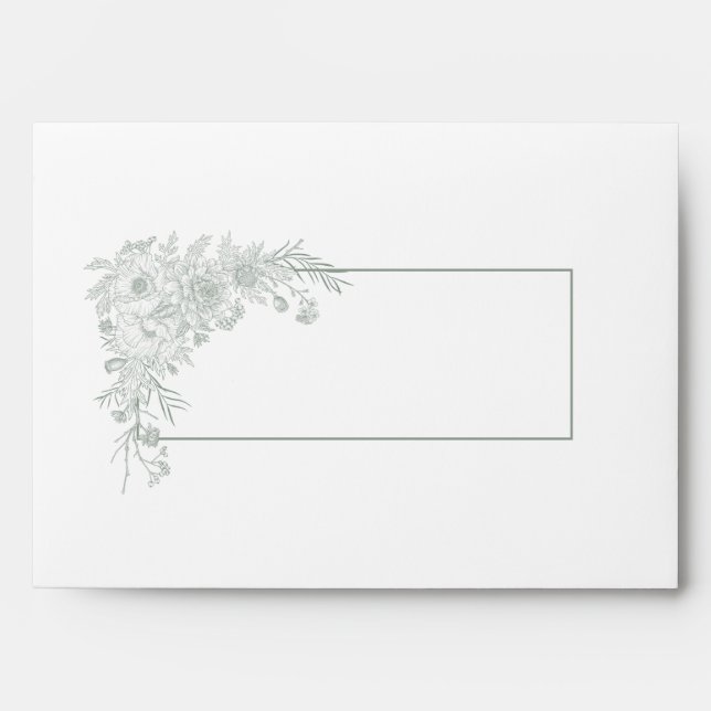Vintage Sage Green Floral Line Art Wedding Envelope (Front)