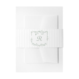 Vintage Sage Green French Floral Stripes Wedding Invitation Belly Band