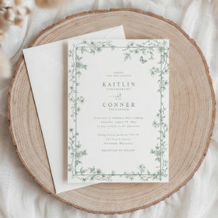 Vintage Sage Green French Floral Toile Wedding Invitation