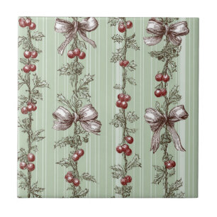 Vintage Sage Green Holly Berry Ribbon Christmas Ceramic Tile