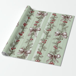 Vintage Sage Green Holly Berry Ribbon Christmas Wrapping Paper