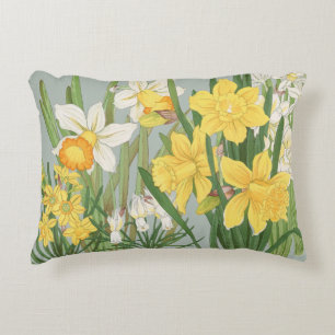 Vintage Sage Green Japanese Daffodil Floral Art Decorative Cushion