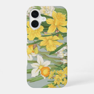 Vintage Sage Green Japanese Daffodil Floral Art iPhone 16 Case