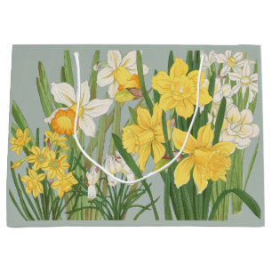 Vintage Sage Green Japanese Daffodil Floral Art Large Gift Bag