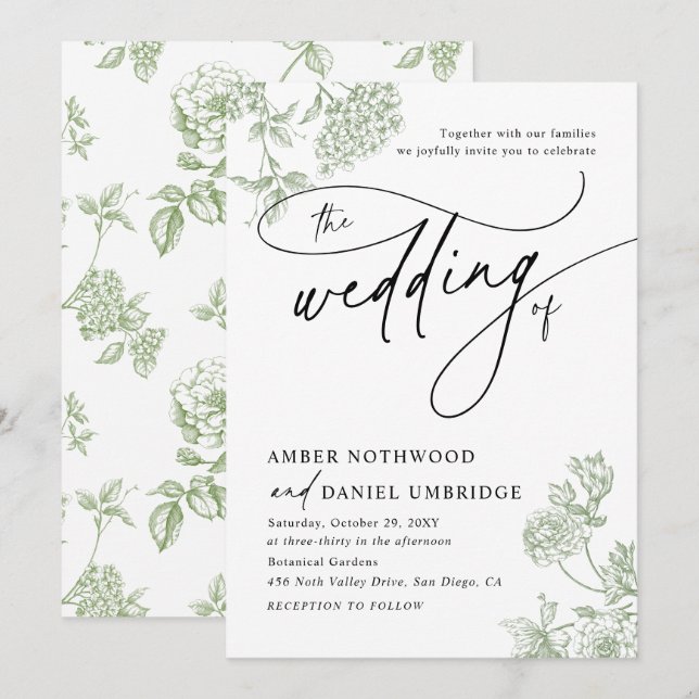 Vintage Sage Green Modern Calligraphy Wedding Invitation (Front/Back)