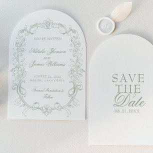 Vintage Sage Green Old Money Arched Chic Wedding Save The Date